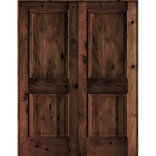 Krosswood Doors 56 in. x 80 in. Rustic Knotty Alder 2-Panel Universal/Reversible Red Mahogany Stain Wood Double Prehung Interior Door