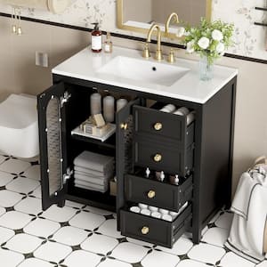 36.02 in. W x 18.23 in. D x 33.86 in. H Single Sink Freestanding Bath Vanity in Black with White Ceramic Top and Storage