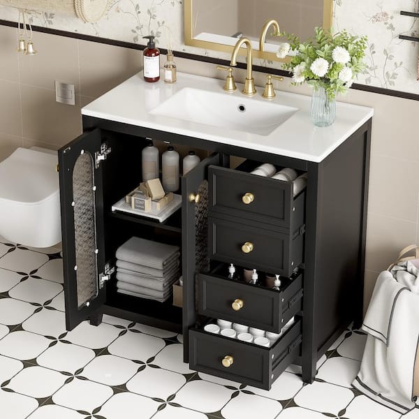 36.02 in. W x 18.23 in. D x 33.86 in. H Single Sink Freestanding Bath Vanity in Black with White Ceramic Top and Storage