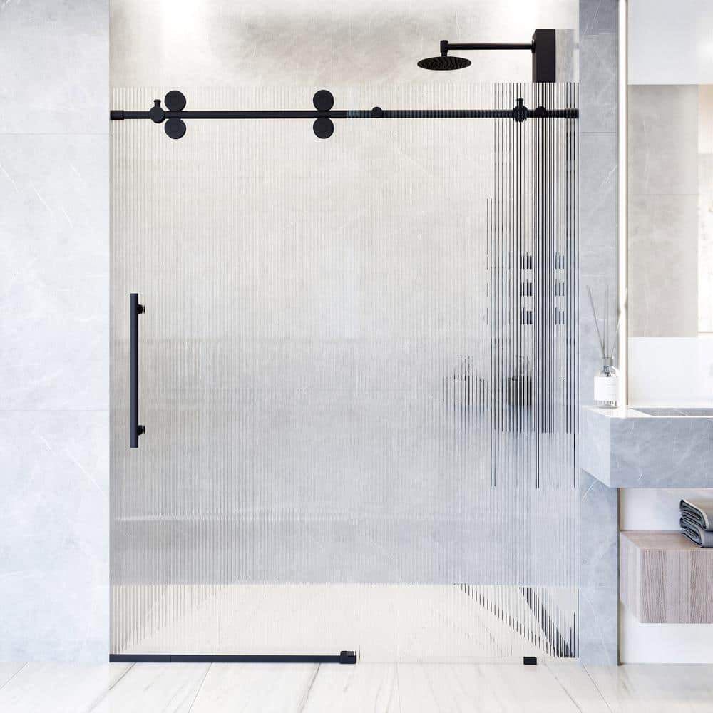 Elan Matte Black Frameless Sliding Shower Door with Fluted Glass