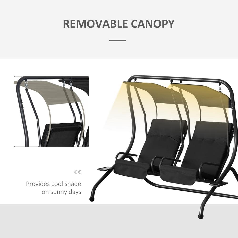 Modern Black Metal 2-Seater Outdoor Patio Swing Chair with Canopy