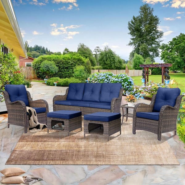 Brown 6-Piece Wicker Outdoor Furniture Patio Conversation Set Armrchairs Sofa and Ottomans with Nary Blue Cushions