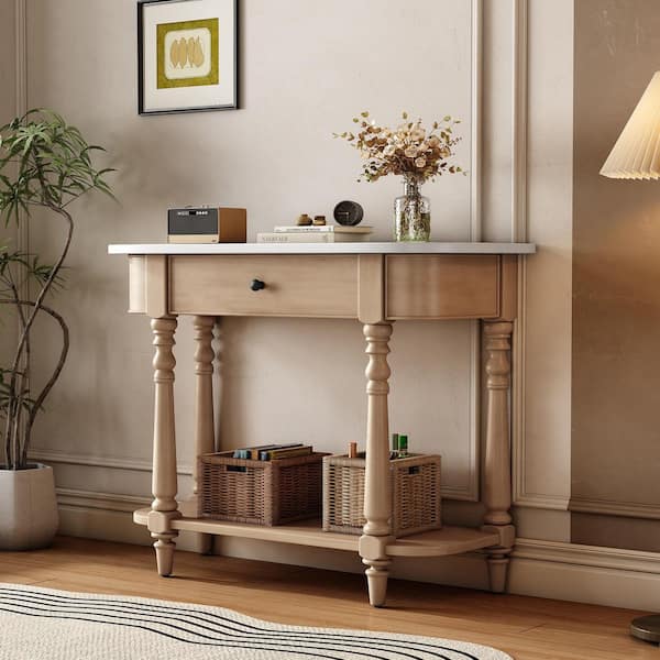 36 in. Beige Oval Wood Console Table with Top Drawer and Open Shelf