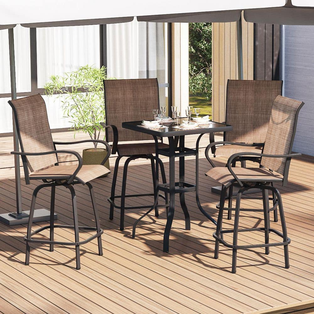 5-Piece Outdoor Swivel Bar Stools Set Steel with High Swivel Bistro Chairs 