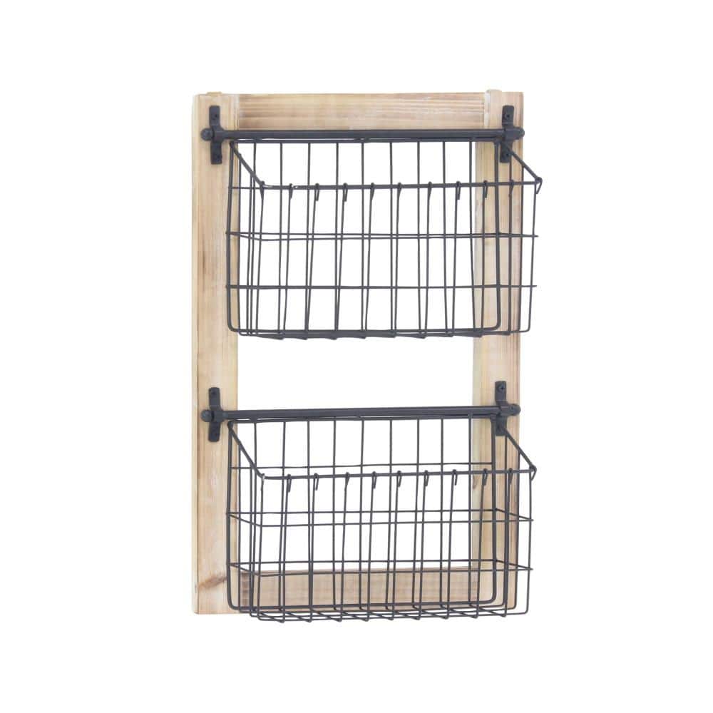 Industrial Black Metal and Wood 2-Tier Wall-Mounted Basket