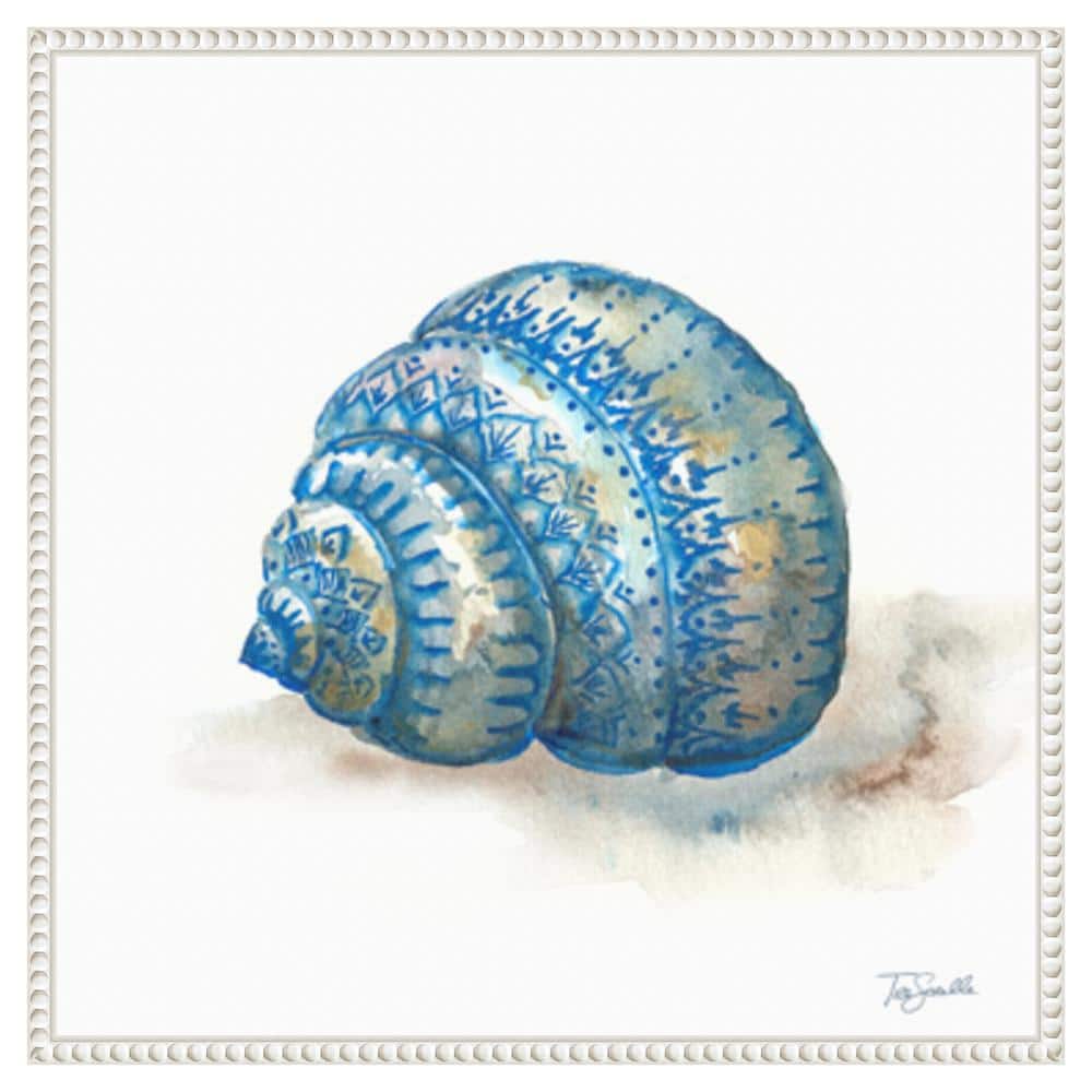 Bohemian Shells I Blue Seashell Canvas Wall Art with White Frame