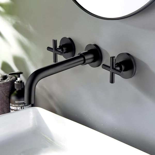 Magic Home Double Handle Wall Mount Bathroom Sink Faucet in Matte Black