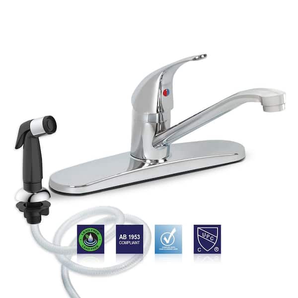 Single Lever Handle Deck Mount Standard Kitchen Faucet in Chrome with Black Side Sprayer