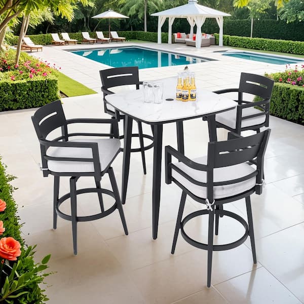 Danae 5-Piece Aluminum Square Patio OutDoor Serving Bar Set with Swivel Bar Chairs and Light Grey Cushions