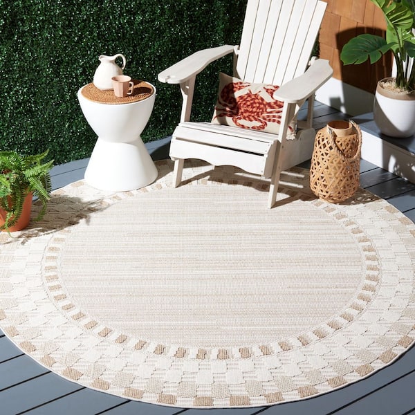 Global Beige/Light Beige 7 ft. x 7 ft. Round Border Indoor/Outdoor Area Rug