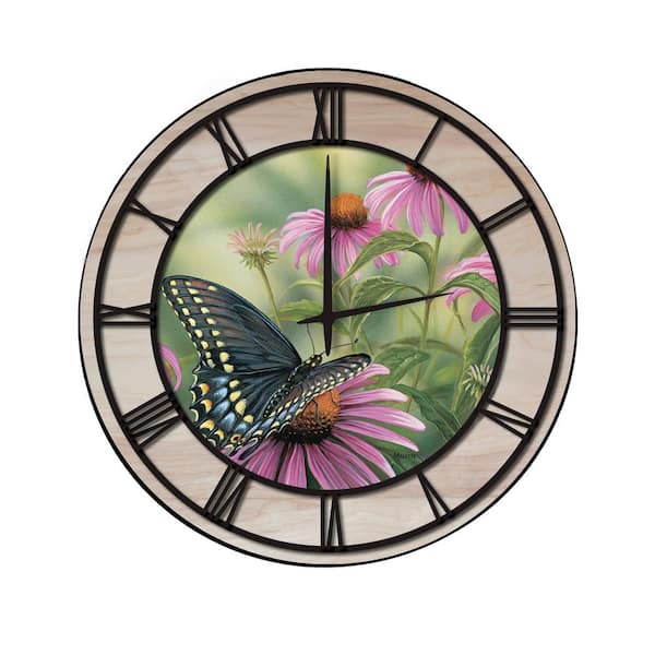 Unbranded "Black Swallowtail Butterfly" Woodgrain Accent and Black Numbers Imaged Wall Clock