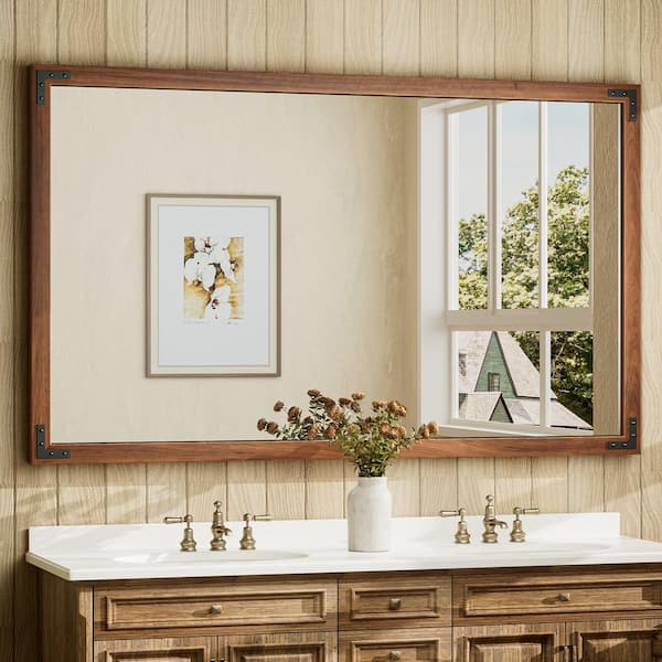 60 in. W x 36 in. H Large Rectangular Rustic Wood Framed Farmhouse Wall Bathroom Vanity Mirror in Brown