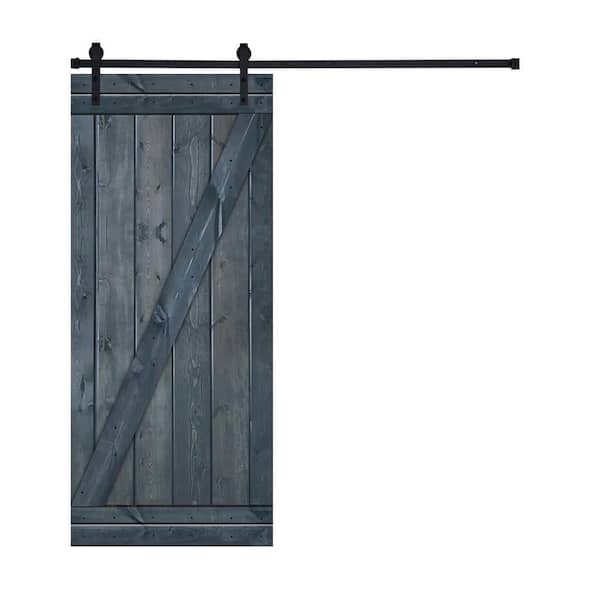 AIOPOP HOME Z-Bar Series 24 in. x 84 in. Gray Stained Knotty Pine Wood DIY Sliding Barn Door with Hardware Kit