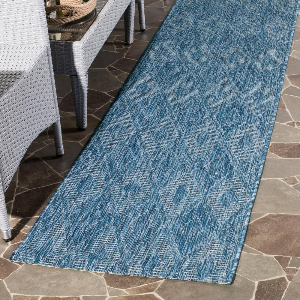 Blue Geometric Low Pile Outdoor Runner Rug