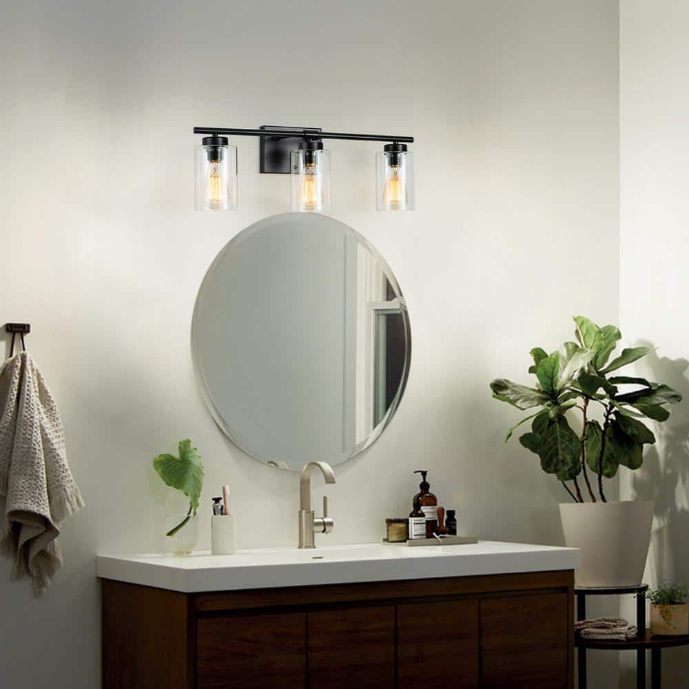 Black Metal 3-Light Vanity with Clear Glass Shades