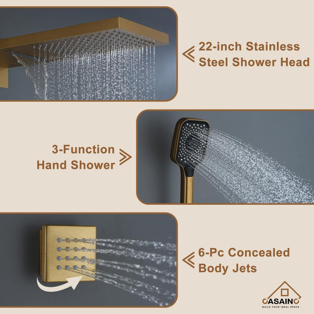 Brushed Gold Wall Mounted Multi-Head Shower System with Body Jets