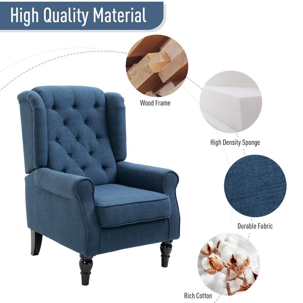 Blue Button-Tufted High Wingback Accent Chair with Wood Legs