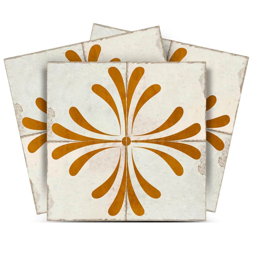 Beige and Gold Vintage Flower Vinyl Peel & Stick Tiles 8x8-inch