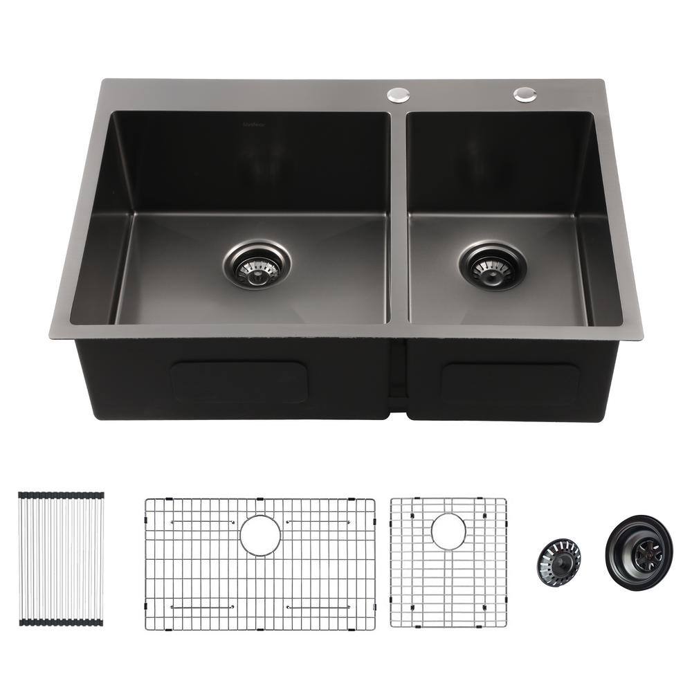 LORDEAR 16-Gauge Stainless Steel 33 in. Gunmetal Black Double Bowl Drop-In  60/40 Kitchen Sink with Bottom Grid H-LTB3322R2-64