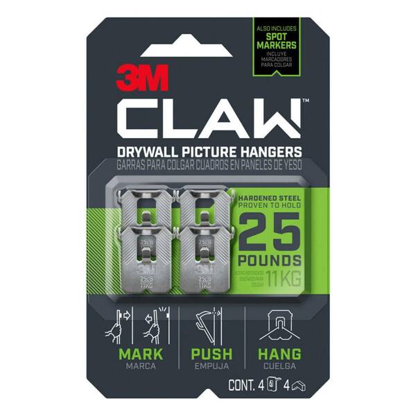3M CLAW 25 lbs. Drywall Picture Hanger with Temporary Spot Marker (Pack of 4-Hangers and 4-Markers)