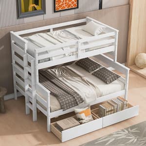 Detachable Style White Wood Twin Over Full Bunk Bed with 2-Drawer, Built-in Ladder