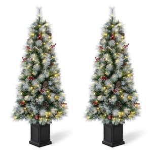 5 ft. Pre-Lit Pine Artificial Christmas Porch Tree with 150 Warm White Lights, Pine Cones and Red Berries (2-Pack)