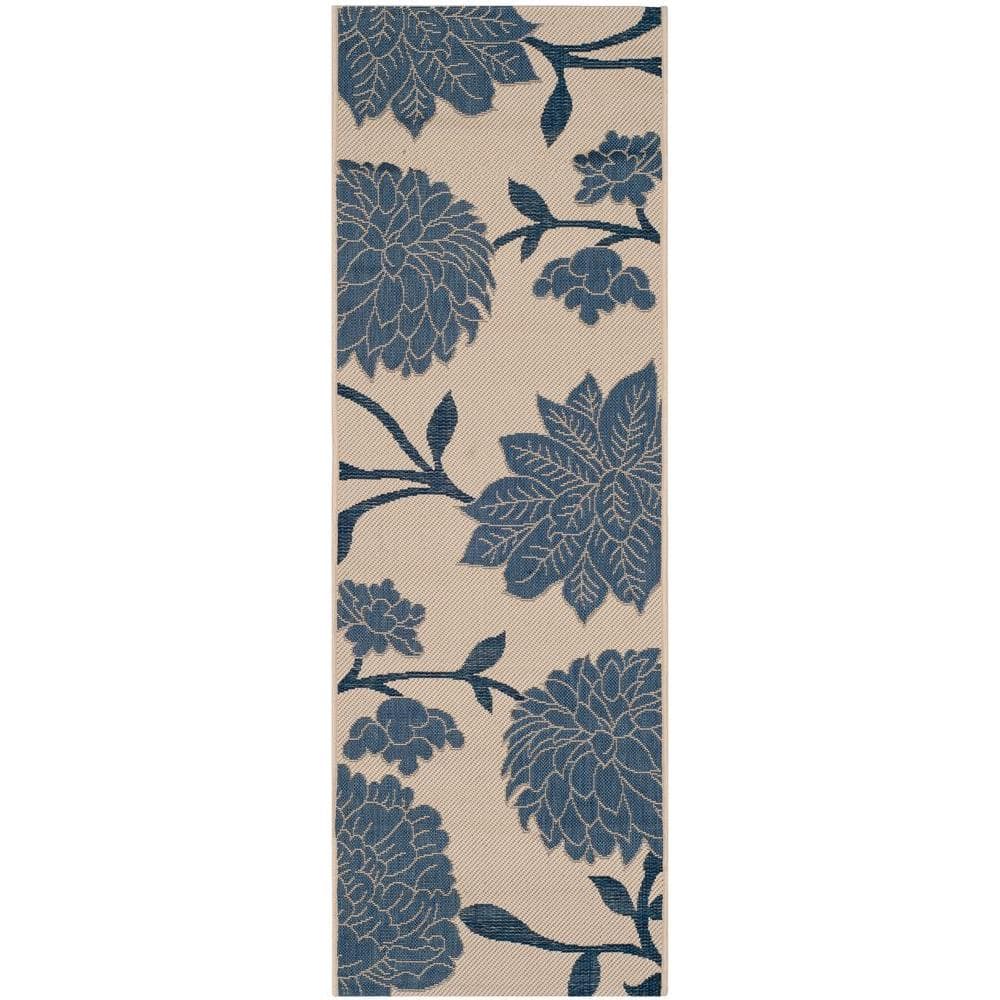 Beige and Blue Floral Synthetic Indoor/Outdoor Runner Rug