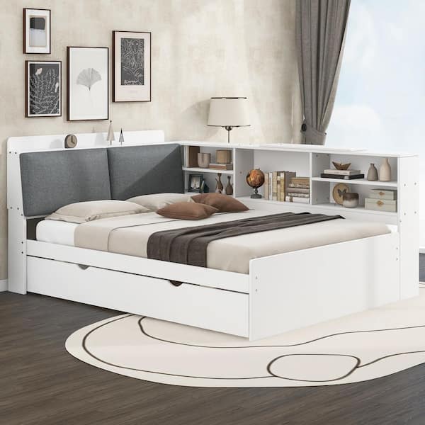 Nestfair White Wood Frame Full Size Platform Bed with Storage Headboard