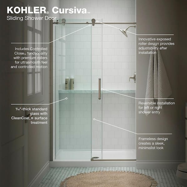 KOHLER Cursiva 44-48 W X 78 H Sliding Frameless Shower Door, 47% OFF