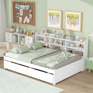 White Full Size 1-Piece Wood Frame Top Platform Bed with Side Bookcase and 2-Drawers