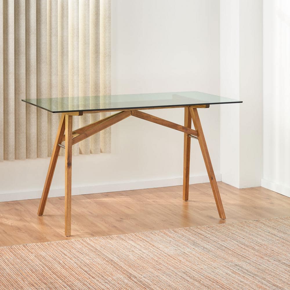 Mid-Century 51'' Gray Acacia Wood Desk with Glass Top