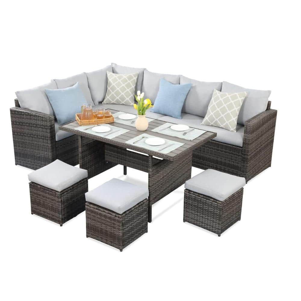 Brown Rattan 7 Piece Outdoor  Dining Sets  Sofa  with Gray Cushions and  Ottomans price history on PriceWatchPro