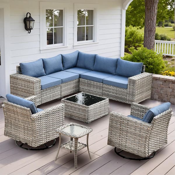 XIZZI Beatrice 9-Piece Wicker Patio Conversation Seating Sofa Set with Denim Blue Cushions and Swivel Rocking Chairs