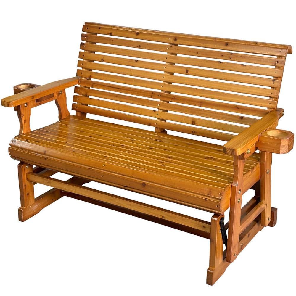 Innovaze Solid Fir Wood Outdoor Glider with Cup Holders, High Roll Back and Deep Contoured Seat, Heavy Duty 800 lbs, Teak Tone MGCS-BP2312-N