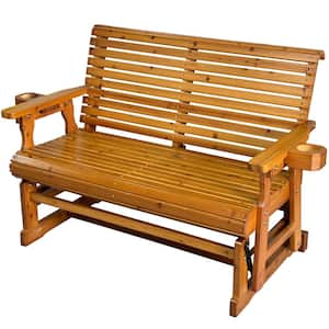 Solid Fir Wood Outdoor Glider with Cup Holders, High Roll Back and Deep Contoured Seat, Heavy Duty 800 lbs, Teak Tone