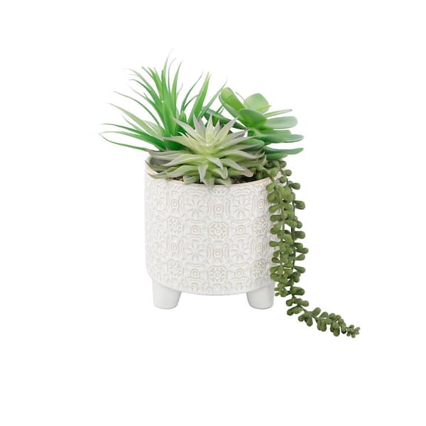 Artificial Green Succulent Mix in 6 in. Ivory Catheral Ceramic Footed Pot