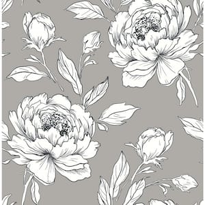 Peony Flower Gray/White/Black Paper Non-Pasted Strippable Wallpaper Roll (Cover 56.00 sq. ft.)