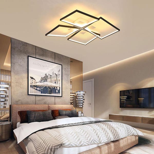 38.3 in. Black and White Modern Selectable Integrated LED Semi-Flush Mount Ceiling Light with Remote