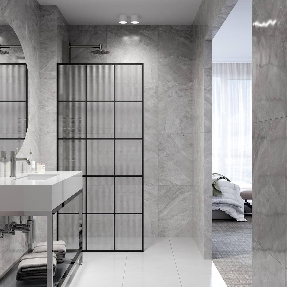 Mosaic Matte Black 34" x 74" Fluted Glass Shower Screen