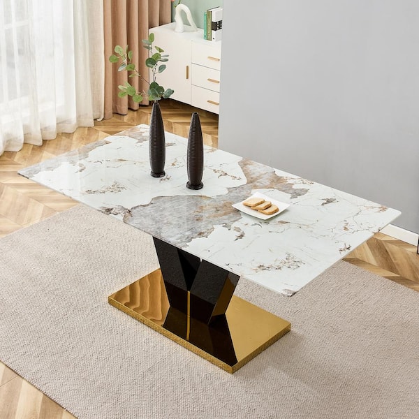 Polibi 70.87 in. Black Modern Marble to Inspired Glass Rectangular V Shaped Pedestal Dining Table Seats 6 to 8
