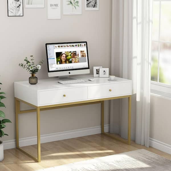 Moronia 47 in. Rectangular White Particleboard 2 Drawer Computer Desk with Gold Legs