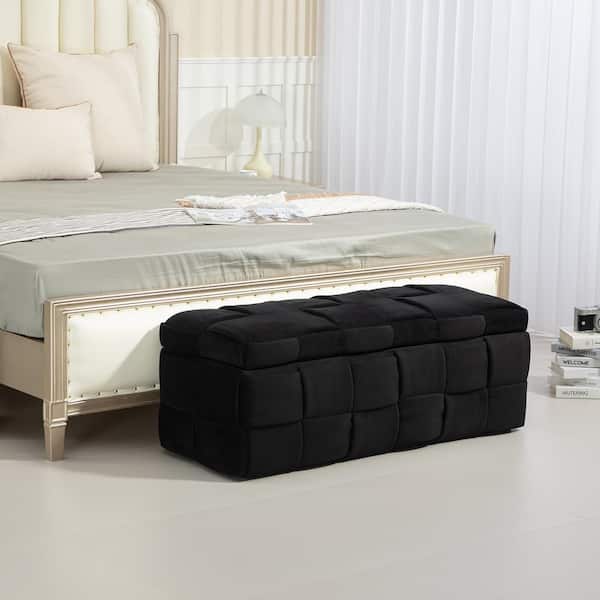 Noble House Cina Black Upholstered Velvet Storage Ottoman Bench with Safety Hinge, Rubberwood Frame