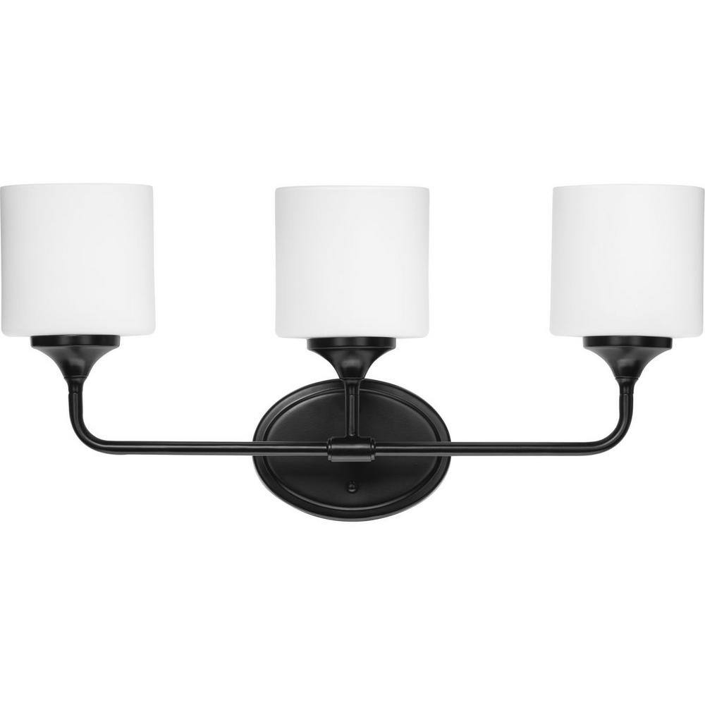 Matte Black 3-Light Bath Vanity with Etched White Glass Shades