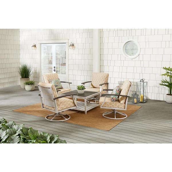 Hampton Bay Marina Point 5-Piece White Steel Motion Outdoor Patio Conversation Seating Set with CushionGuard Toffee Trellis Cushions
