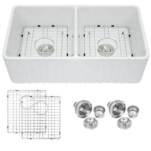 YSNSINKSA White Fireclay 33 in. 50/50 Double Bowl Drop-In Farmhouse Apron Kitchen Sink with Bottom Grids and Strainers