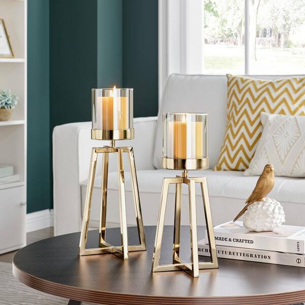 DANYA B Maeve Tinted Glass Warm Gold Pedestal Hurricane Candle