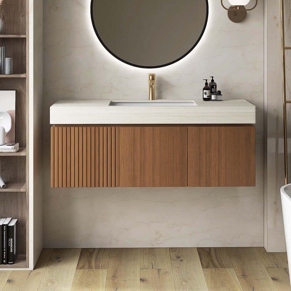 Yingze 48 in. Wall-Mounted Single Sink Brown Oak Bath Vanity with