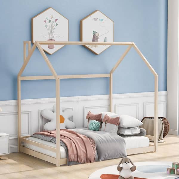 Natural Full Size Wooden House Bed House Shape Floor Bed Frame Wood House Bed for Boys and Girls