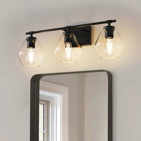 YANSUN 25 in. 3-Light Black Vanity Light with Clear Cone Glass Shades for Bathroom, Living Room, Entryway