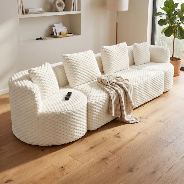 137.8 in. Velvet Modular Sectional Sofa, Boneless Sofa Couch Soft Plush Upholstered Couch in White